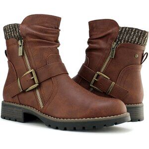 Women's Combat Brown Boots Side Zipper Closure Buckle Fashion Ankle Booties